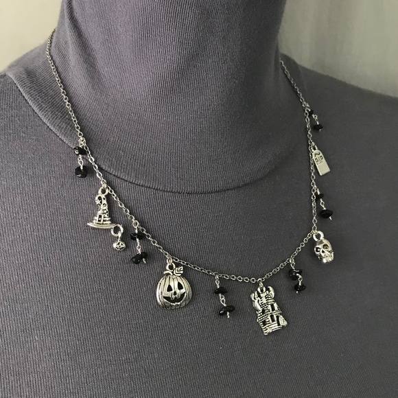 “All Hallows Eve" Handmade Silver Halloween Charm Necklace Haunted House Pumpkin - Picture 9 of 15